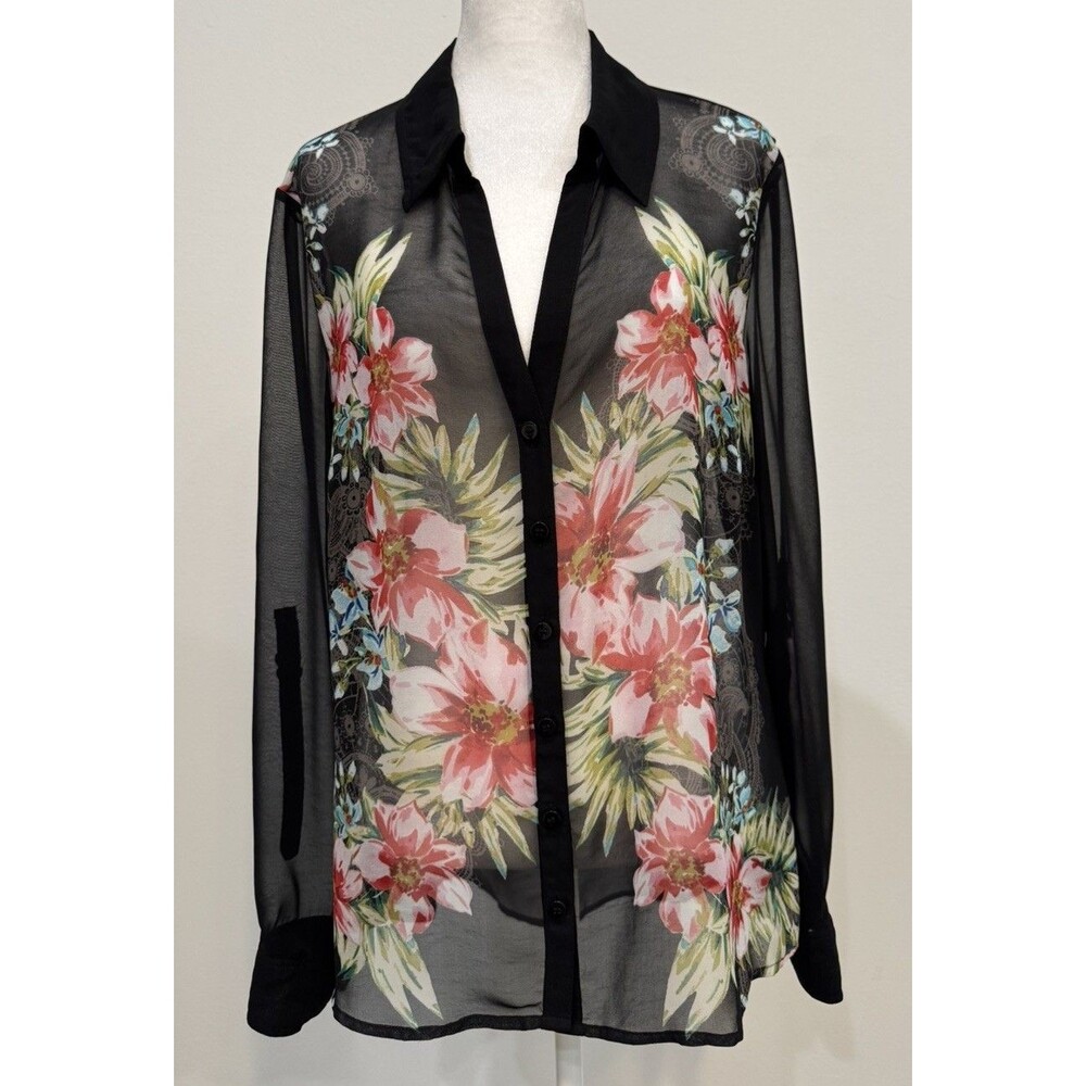 Y2K CACHE Black sheer Floral print Roll tab long sleeve Button  up shirt SzL top